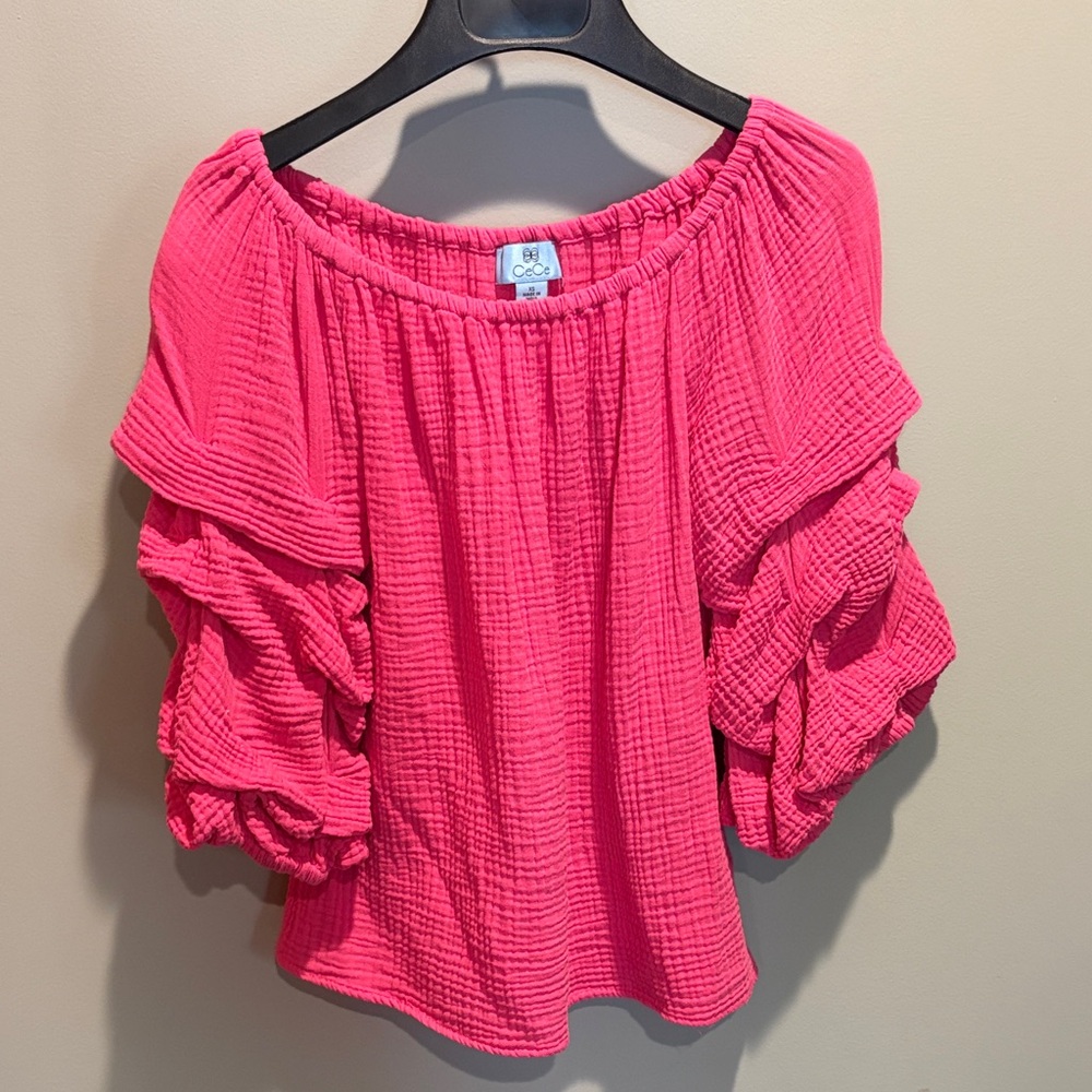 CeCe Vibrant Pink Ruffle Balloon Sleeve Top